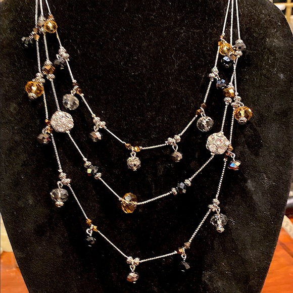 Vintage Jewelry - Silver tone 3 Strand Necklace on All Chain. Crystals and Disco Type Beads